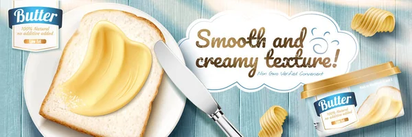 Cremige Butterwerbung Mit Köstlichem Toast Auf Blauem Holztisch Illustration Flache — Stockvektor