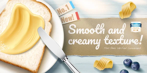 Anúncios Manteiga Cremosa Com Deliciosa Torrada Mesa Madeira Azul Ilustração — Vetor de Stock