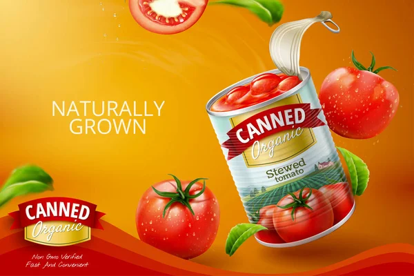 附有3D插图的新鲜蔬菜罐头番茄广告 — 图库矢量图片