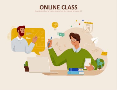 Genç öğrenci evde bilgisayar ve akıllı telefon, çevrimiçi eğitim konsepti ve özel eğitim videosu yoluyla öğreniyor