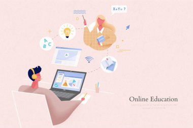 Genç öğrenci evde kalıyor ve bilgisayar, online eğitim konsepti ve COVID-19 'un önlenmesi yoluyla çevrimiçi bir derse sahip.