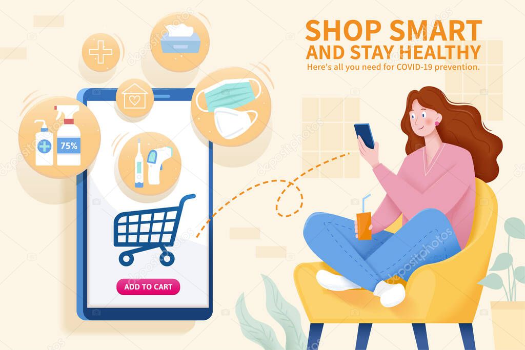 Young woman sitting on a cozy couch with smartphone and purchasing COVID-19 preventive products online, staying home can reduce the risk of coronavirus infection