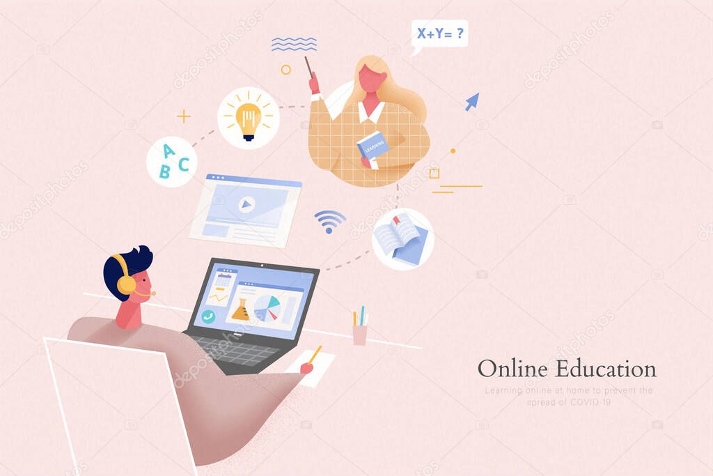 Young student is staying home and having an online class through laptop, concept of online education and prevention of COVID-19