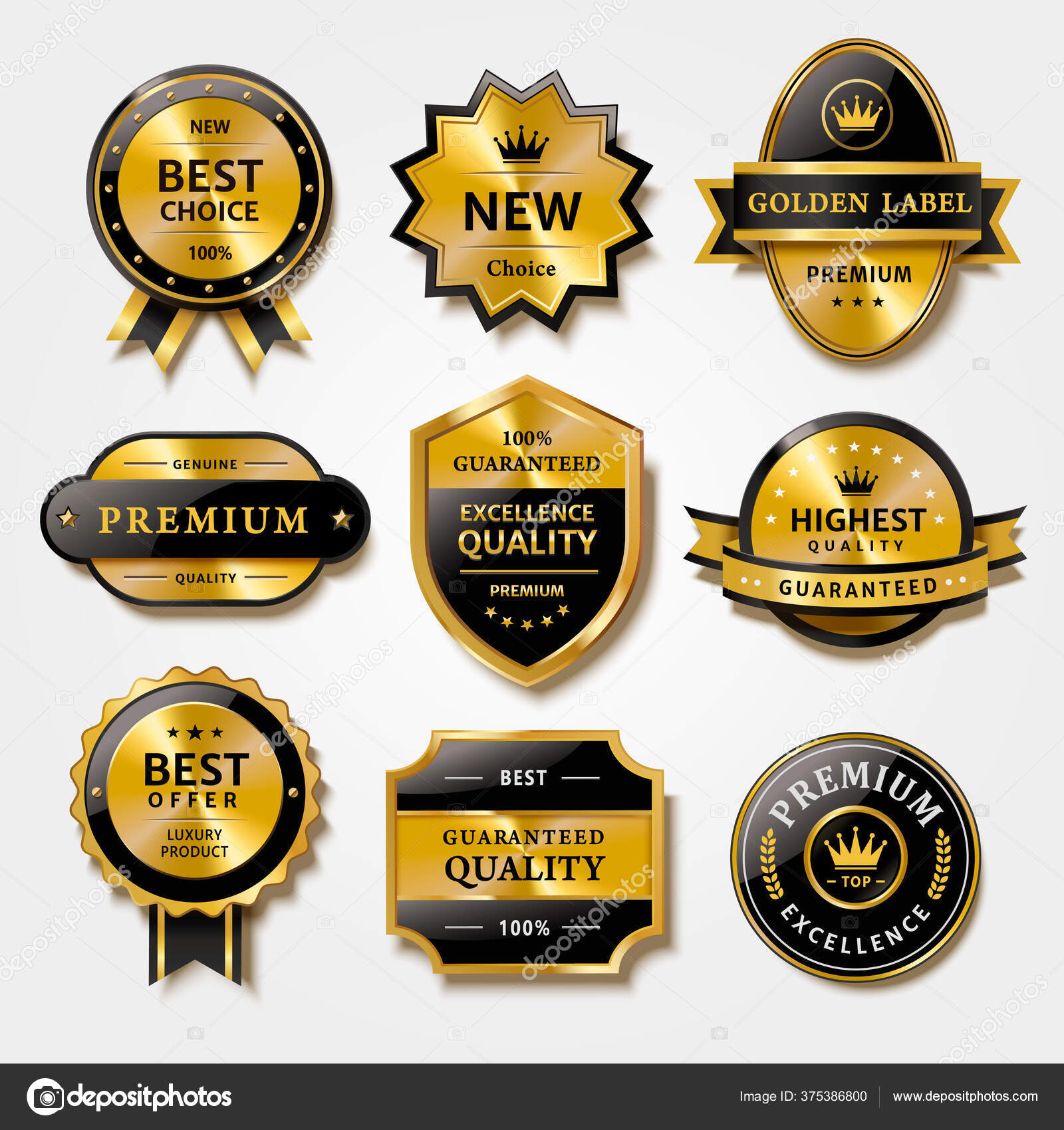 Gold badges seal quality labels. Sale medal badge premium stamp golden  genuine emblem guarantee round vector set Stock Vector