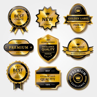 Useful collection of badges and labels in metal texture design, for premium product packaging, isolated on white background clipart