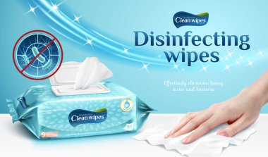 Temizlik bezleri için reklam şablonu veya paket tasarımı, masayı temizlemek için ıslak mendil kullanan kadın eli, 3D illüstrasyon