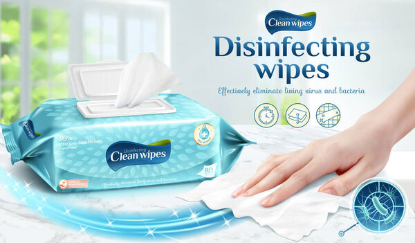 Cleaning wipes ad template, female hand using wet wipe to clean the marble table, 3d illustration
