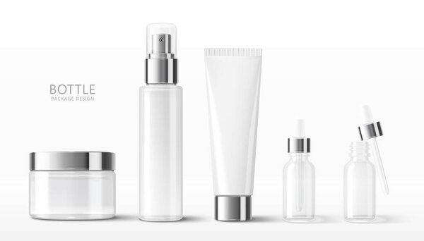 3d иллюстрация различных пустых косметических контейнеров макеты, включая банку, бутылку насоса, сливочную трубку и капельницу, изолированные на белом фоне
