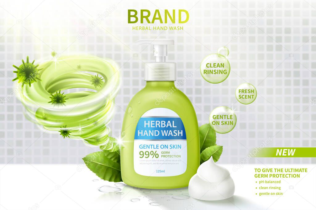 Ad template of hand wash, realistic dispenser bottle decorated with disinfecting vortex, herbal leaves and creamy lather, 3d illustration