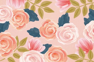 Göz kamaştırıcı gül deseni, açık somon pembe arka planda elle çizilmiş şirin sulu boya tarzıyla resmedilmiş.
