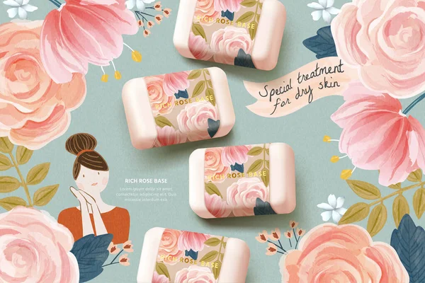 具有逼真玫瑰香皂造型的化妆品广告模板 以可爱的水彩画为背景 专为自然护肤品牌设计 3D插图 — 图库矢量图片