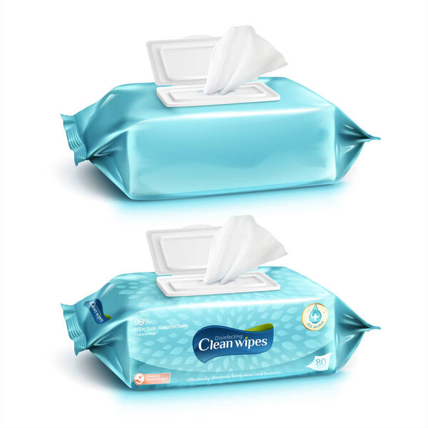 Set of cleaning wipes in light greenish blue design, one with package design and one without, 3d illustration