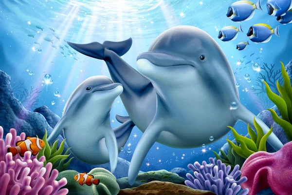 Familia Delfines Jugando Juntos Bajo Agua Con Rayos Sol Brillando — Vector de stock
