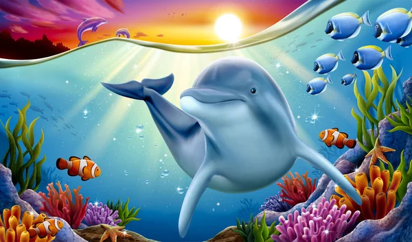 迷人的海豚在水下珊瑚礁与其他海豚一起嬉戏 梦想着落日悬挂在水面之上 3D图例 — 图库矢量图片
