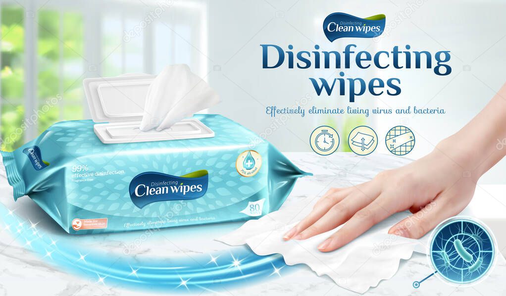 Cleaning wipes ad template, female hand using wet wipe to clean the marble table, 3d illustration