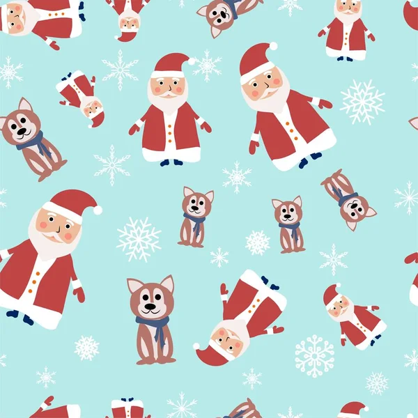 Modèle sans couture avec le Père Noël et les chiens en écharpe et flocons de neige — Image vectorielle