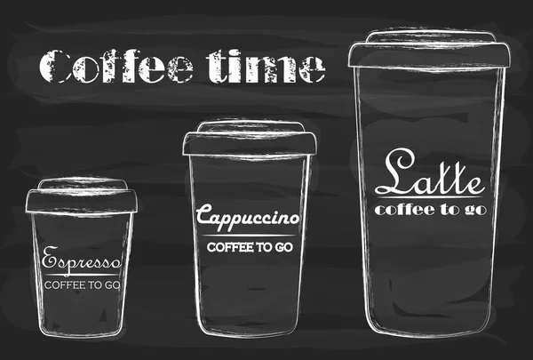 Koffie te gaan. Latte, cappuccino en espresso. — Stockvector