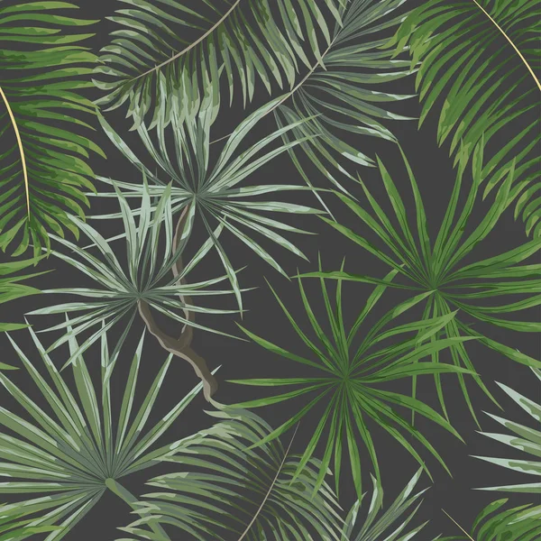 灰 backgro 上的亮绿色热带叶无缝模式 — 图库矢量图片