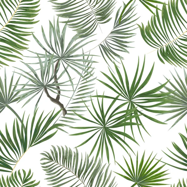 Parlak yeşil tropikal seamless modeli üzerinde beyaz backgr yaprakları — Stok Vektör