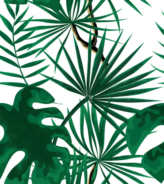 Patrón sin costuras de hojas tropicales de color verde brillante sobre fondo blanco — Vector de stock