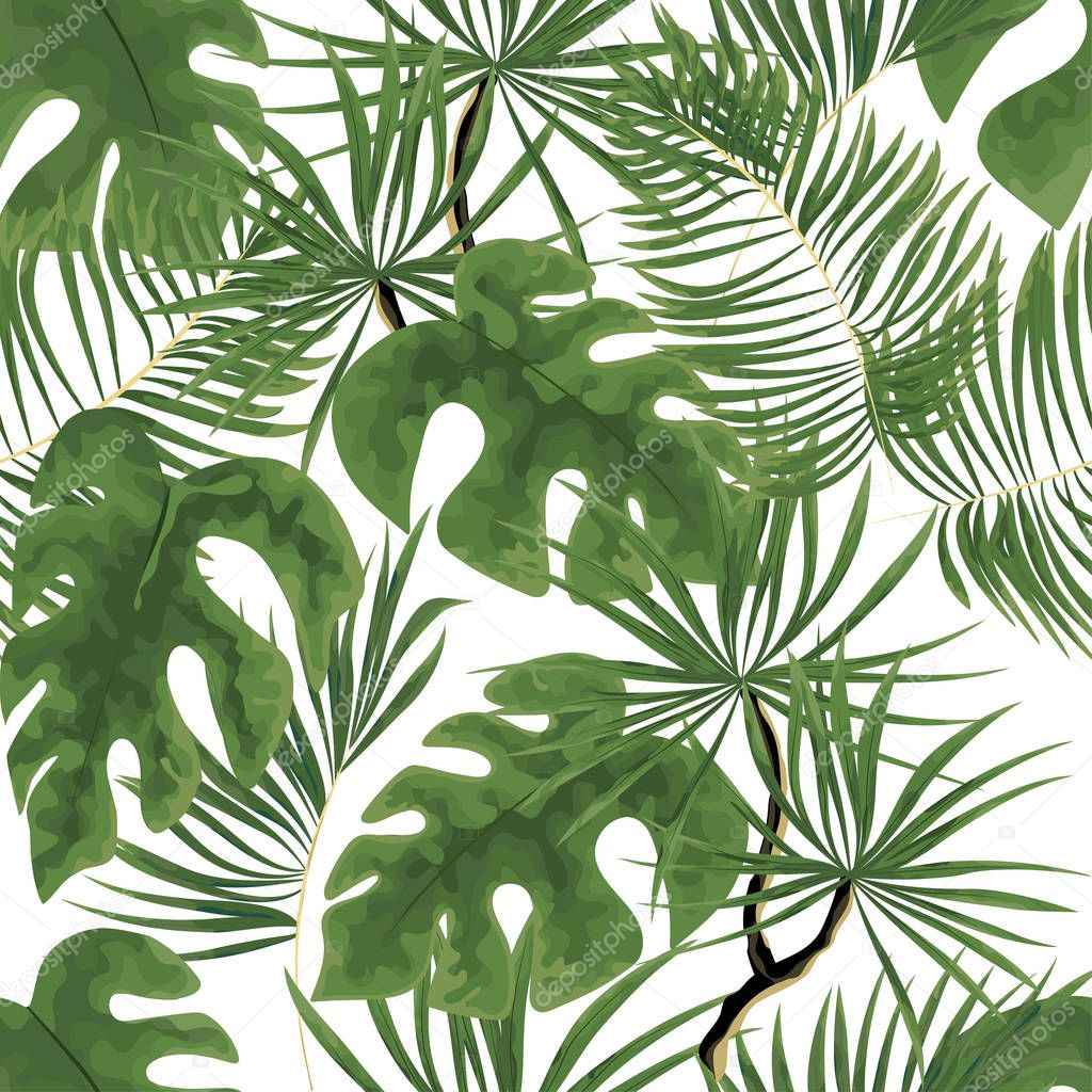seamless pattern of bright green tropical leaves on white backgr