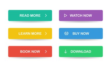 Web sitesi için düz stil düğmeleri. Daha fazla okuyun, daha fazla öğrenin, şimdi kitap okuyun, şimdi izleyin, şimdi satın alın, indirin. Vektör Eps 10