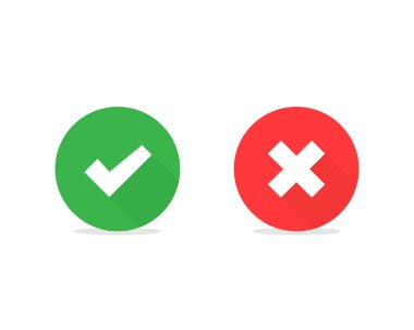 Beyaz arkaplanda işaretli çapraz vektör sembolü. Evet hayır ya da kabul edilmeyen sembol. Yeşil ve kırmızı ikonlar düz. Eps 10