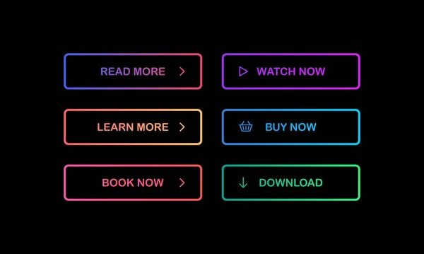 Set of modern glowing multi-colored gradient buttons on dark background. Read, learn, book, wath, buy now, download buttons. Vector EPS 10 — ストックベクタ
