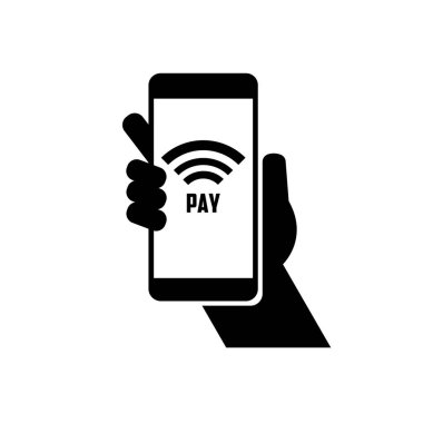 NFC kullanılarak yapılan telefon ödemeleri. Ödeme için telefonu hava ikonu sembolüyle tutuyor. Vektör Eps 10