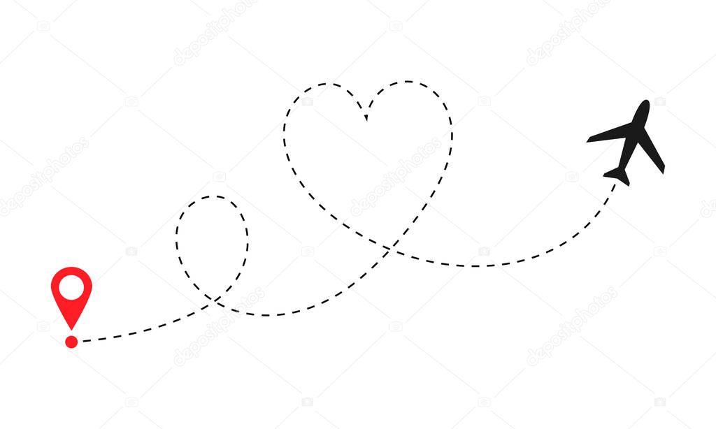 Love travel route. Airplane line path vector icon of air plane flight route with start point and dash line trace. EPS 10