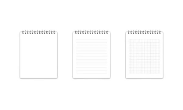 Um conjunto de notebooks com uma folha em branco, uma folha em uma linha e uma gaiola. Ilustração vetorial EPS 10 — Vetor de Stock