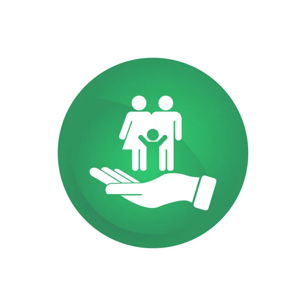 Logotyp för en lycklig familjesymbol på en handflata i en grön cirkel. Far med mor och barn. Eps 10 — Stock vektor
