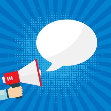 Güneş patlaması arka planında mesaj baloncuğu olan bir megafon. Vektör Eps 10