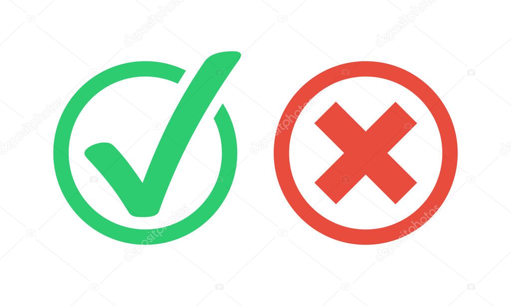 Tick and cross signs. Green checkmark OK and red X icons. Flat color style. symbols YES and NO button for vote, decision, web. EPS 10