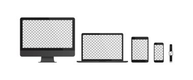 Gerçekçi monitör seti bilgisayar, dizüstü bilgisayar, tablet, akıllı telefon, akıllı sepet. Ekran modeli. Vektör Eps 10