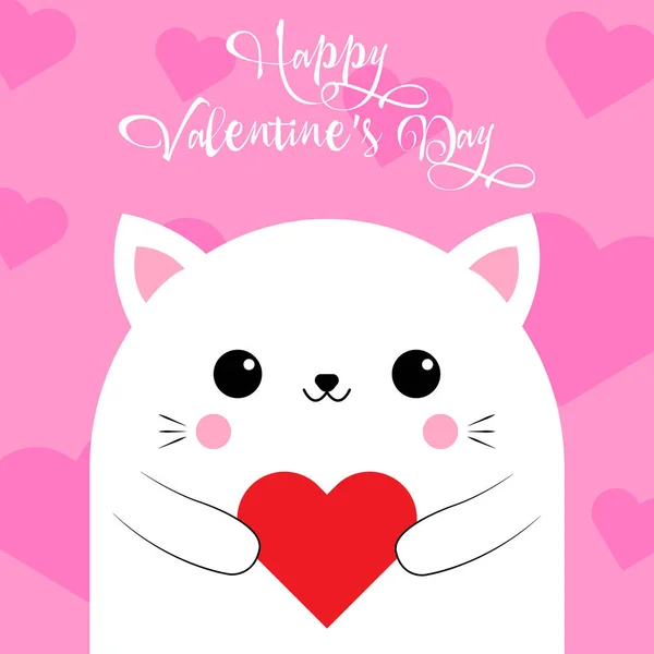 Happy Valentine's Day greetings from a cute cat with a heart on a pink background. Love card. Vector illustration. EPS 10 — Stock Vector