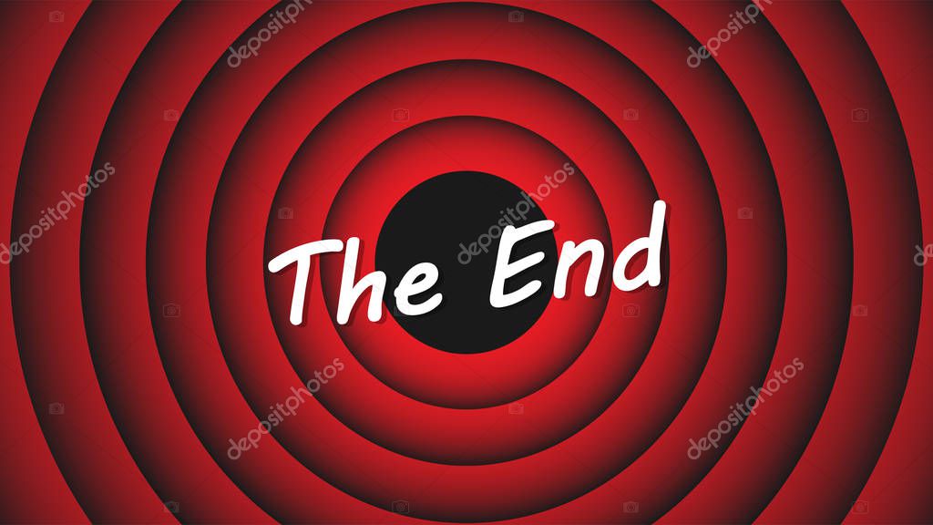 Movie ending screen. Inscription The End on the background of red circles. End cartoon screen. Vector illustration EPS 10