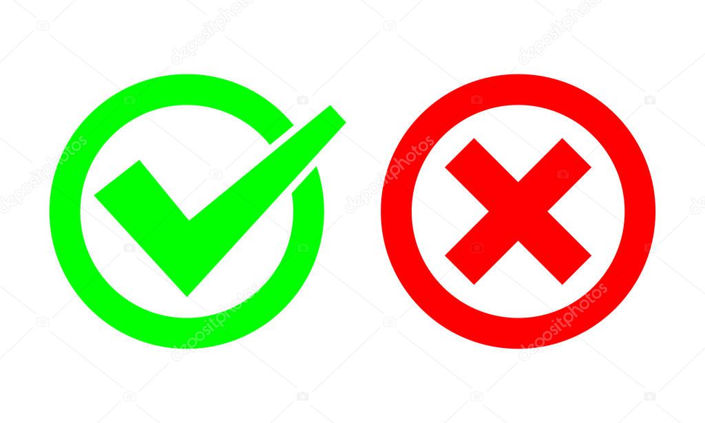 Tick and cross signs. Green checkmark OK and red X icons. Simple marks graphic design. symbols YES and NO button for vote, decision, web. EPS 10