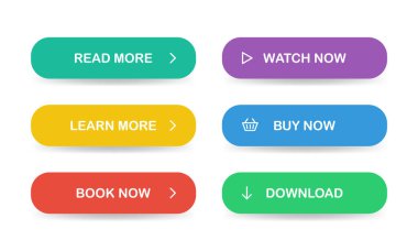 Web sitesi için düz stil düğmeleri. Daha fazla okuyun, daha fazla öğrenin, şimdi kitap okuyun, şimdi izleyin, şimdi satın alın, indirin. Vektör Eps 10