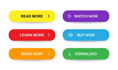 Web sitesi için düz stil düğmeleri. Daha fazla okuyun, daha fazla öğrenin, şimdi kitap okuyun, şimdi izleyin, şimdi satın alın, indirin. Vektör Eps 10