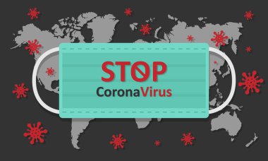 Vektör illüstrasyonu Coronavirus COVID-19 'u durdurun. Üzerinde yazı olan tıbbi maske dünya haritasında Coronavirüs 'ü durdurur. EPS 10