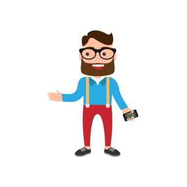 Sakallı ve elinde akıllı telefon olan gözlüklü bir adam. Vektör illüstrasyonu EPS 10