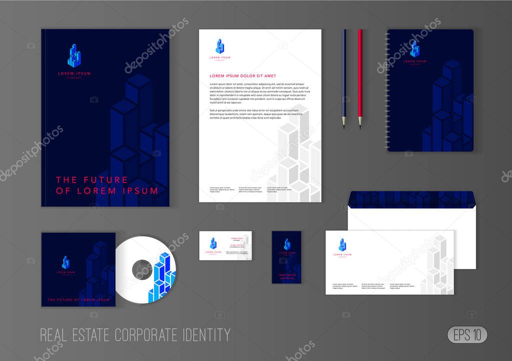 Corporate identity template for real estate company. Modern stationery template design with isometric skyscrapers. Brochure cover, letterhead, envelope, business card, pen, CD cover.
