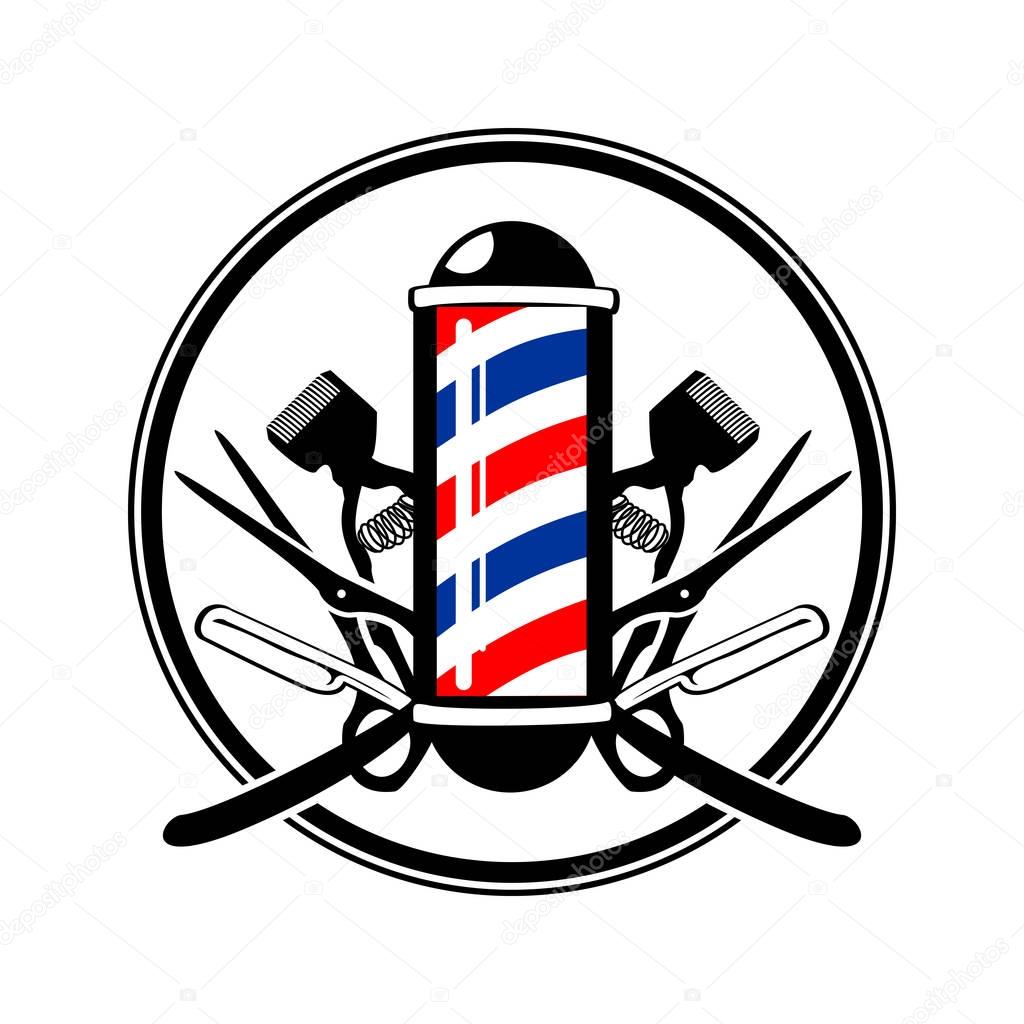 Circular Emblem Barbers Pole with Scissor, Razor And Old Clippers