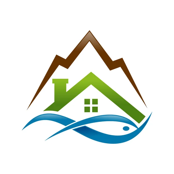 Abstraktní Lake House Ryb Mountain Logo Symbol Vektorový Grafický Design — Stockový vektor