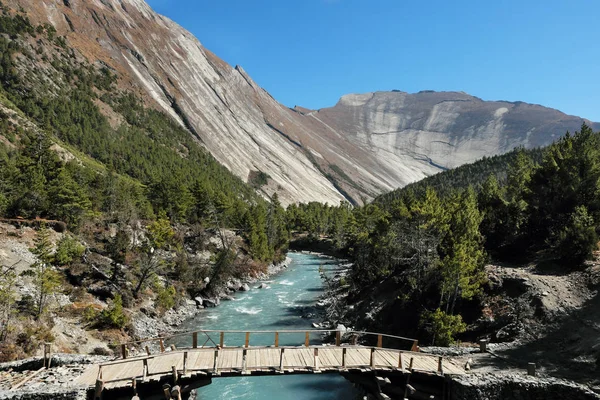 Nepal Himalayalar dağ vadisinde Köprüsü