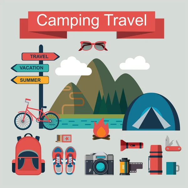 Vector Set Touristic Icons Mountain Camping Hiking — Stock Vector