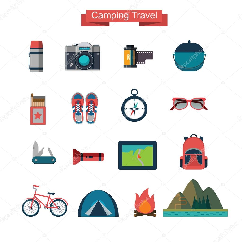 vector set of touristic icons. Mountain, camping and hiking.