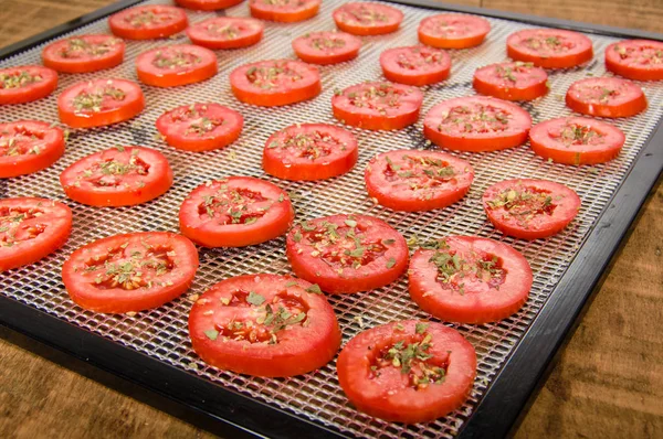 Slices of tomatoes on drying rack — Stock Photo, Image