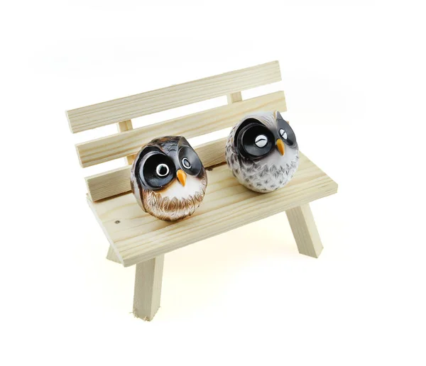 Two Owls Small Wooden Chair White Background — Stock Photo, Image